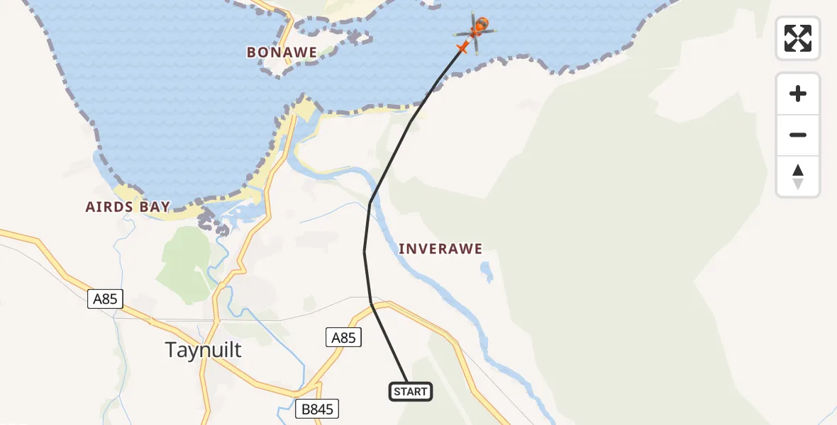 Flight route map: Coastguard Helicopter to Taynuilt, Taynuilt