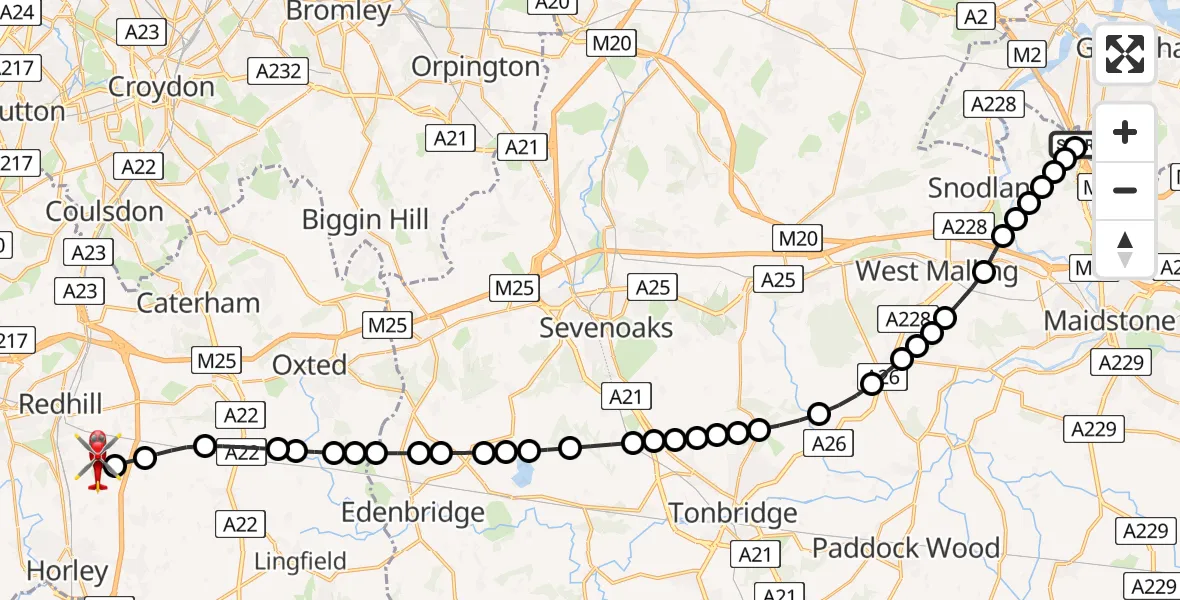 Flight route map: Air Ambulance Helicopter to Redhill Aerodrome, Redhill Aerodrome