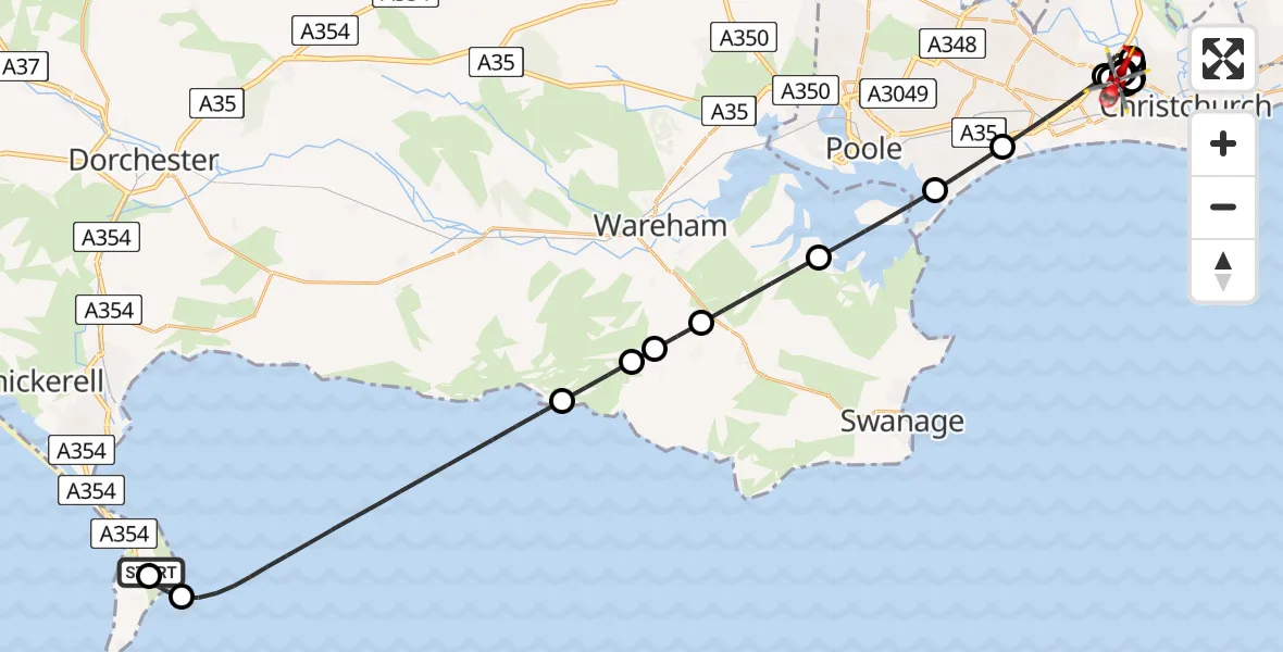 Flight route map: Air Ambulance Helicopter to Royal Bournemouth Hospital, Royal Bournemouth Hospital