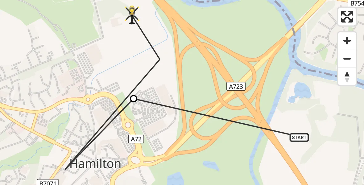 Flight route map: Police Helicopter to Hamilton, A72