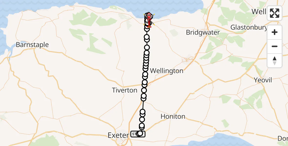 Flight route map: Air Ambulance Helicopter to Watchet, Brendon Road