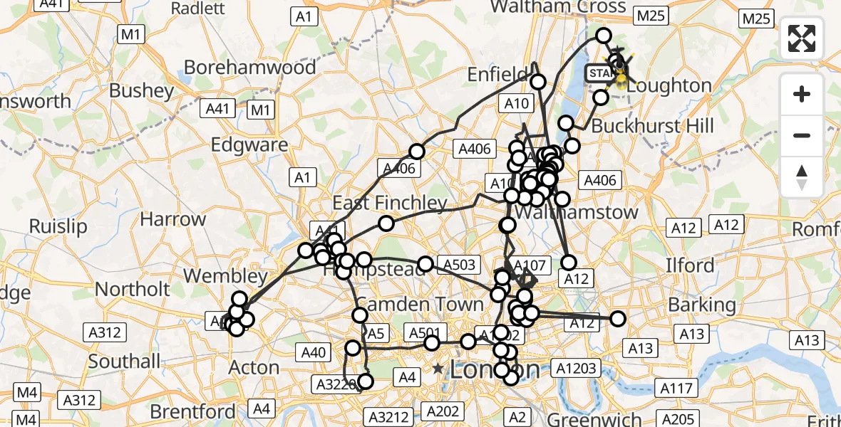 Flight route map: Police Helicopter to Sewardstonebury, Bury Road
