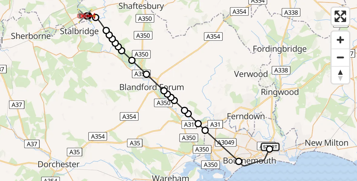 Flight route map: Air Ambulance Helicopter to Henstridge Airfield, Henstridge Airfield