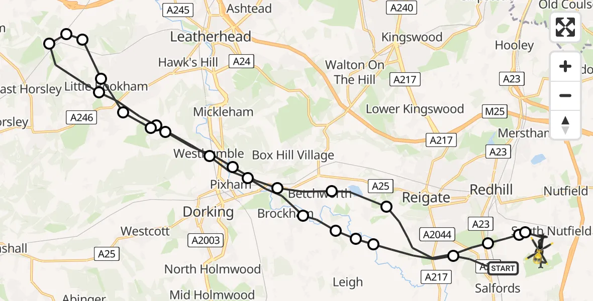 Flight route map: Police Helicopter to Tandridge, Moats Lane