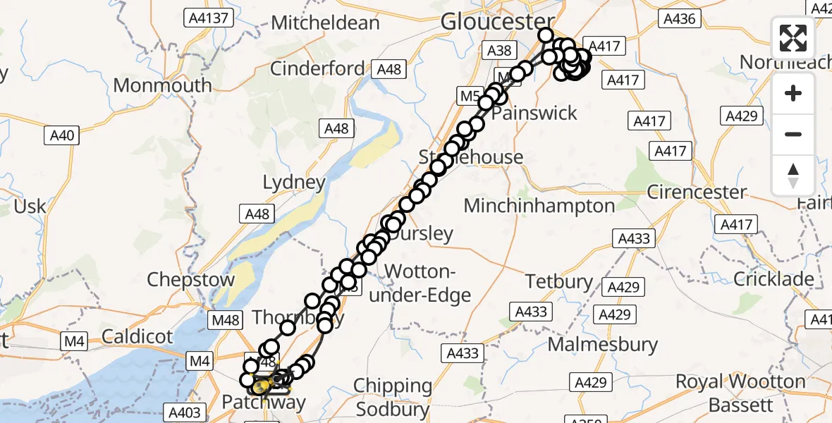 Flight route map: Police Helicopter to Almondsbury Helicopter Base, Almondsbury Helicopter Base