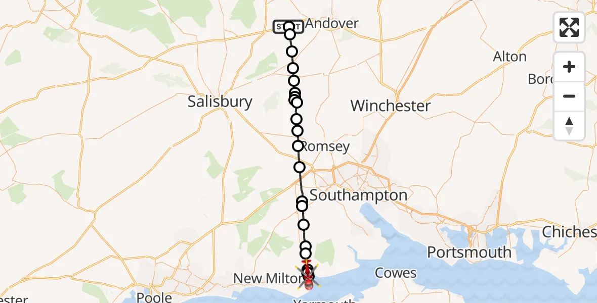 Flight route map: Air Ambulance Helicopter to Pennington, Stratford Place