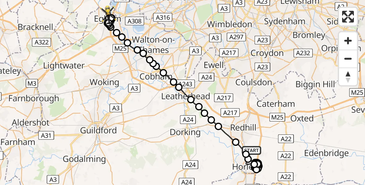 Flight route map: Police Helicopter to Egham, Runnymede Road
