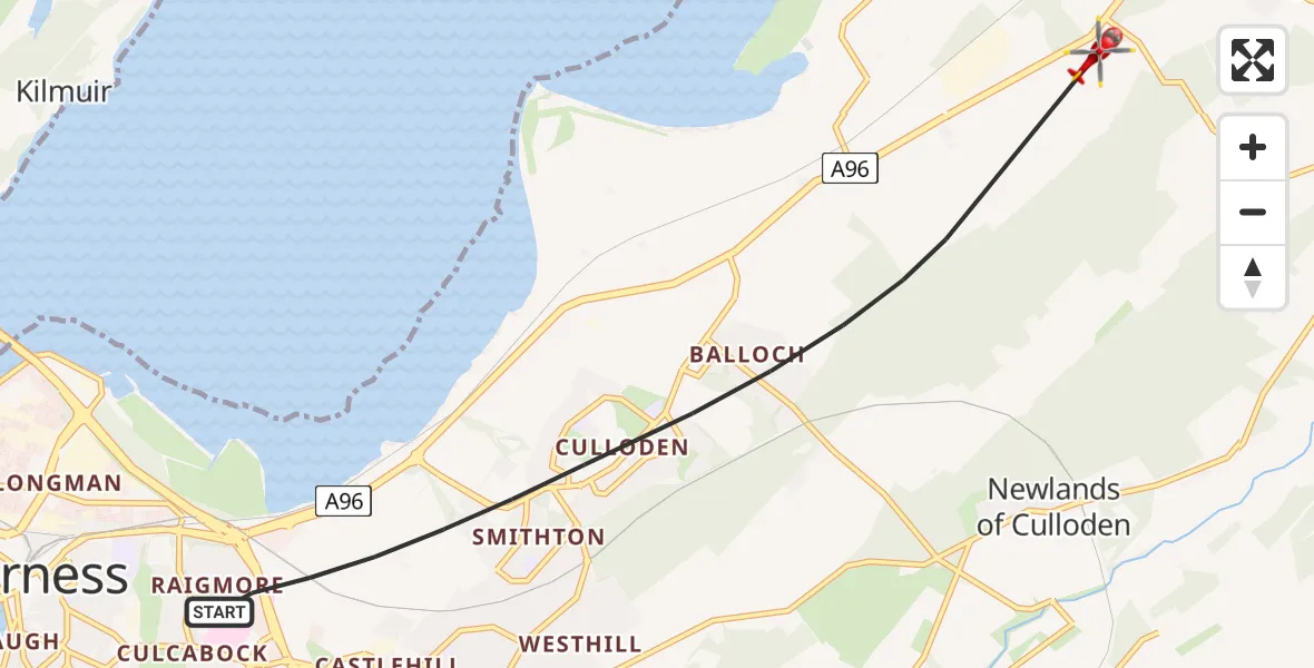 Flight route map: Air Ambulance Helicopter to Tornagrain, A96