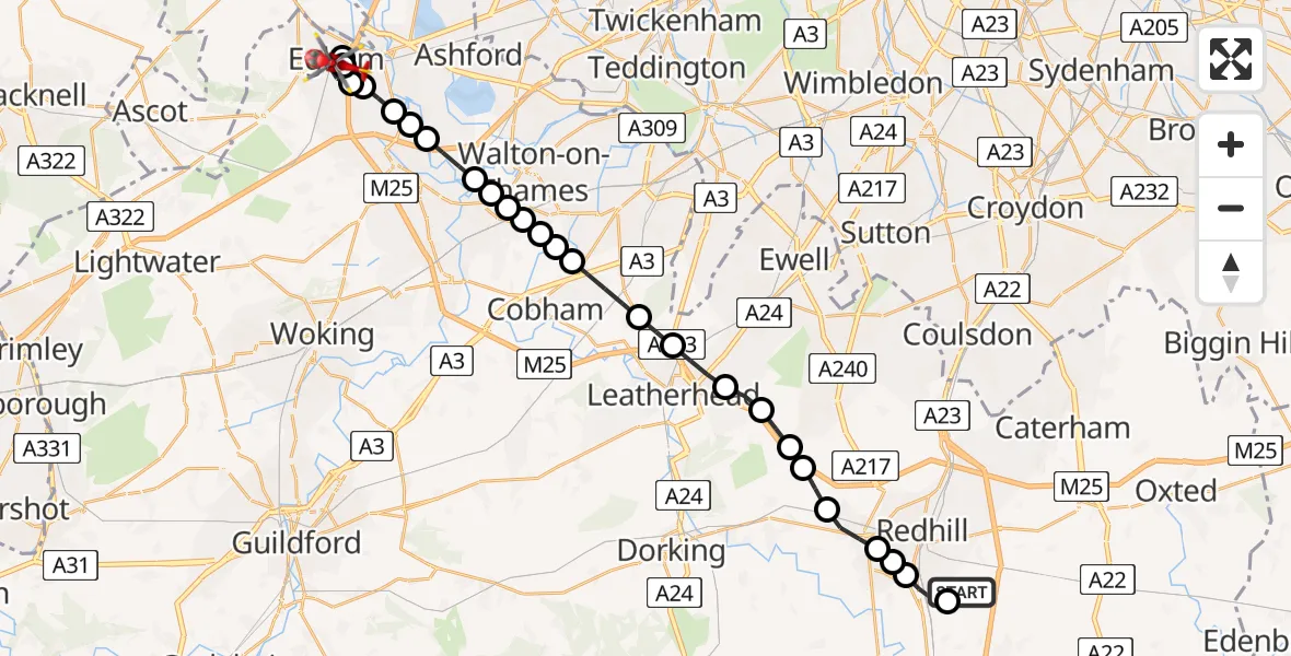 Flight route map: Air Ambulance Helicopter to Egham, School Lane
