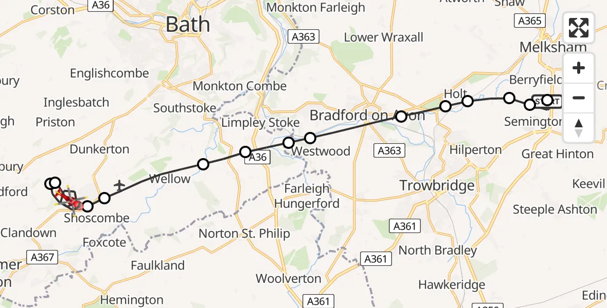 Flight route map: Air Ambulance Helicopter to Peasedown St. John, Church Road