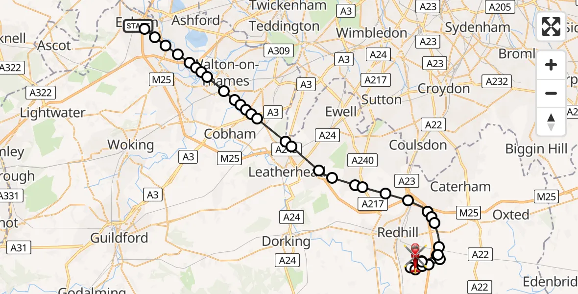 Routekaart van de vlucht: Air Ambulance Helicopter to Redhill Aerodrome, Redhill Aerodrome