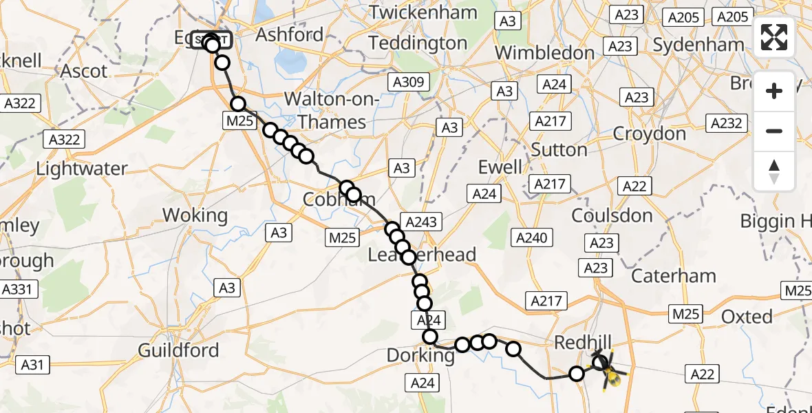 Routekaart van de vlucht: Police Helicopter to South Nutfield, Canadian Road