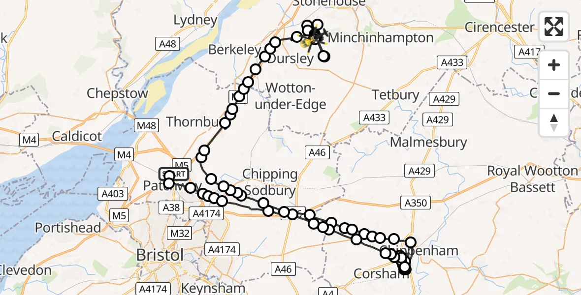 Flight route map: Police Helicopter to Coaley, Ham Lane