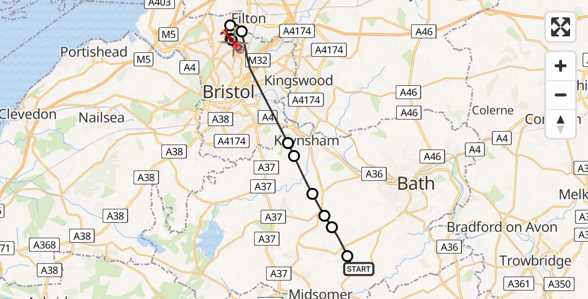 Flight route map: Air Ambulance Helicopter to Bristol, Bishop Manor Road