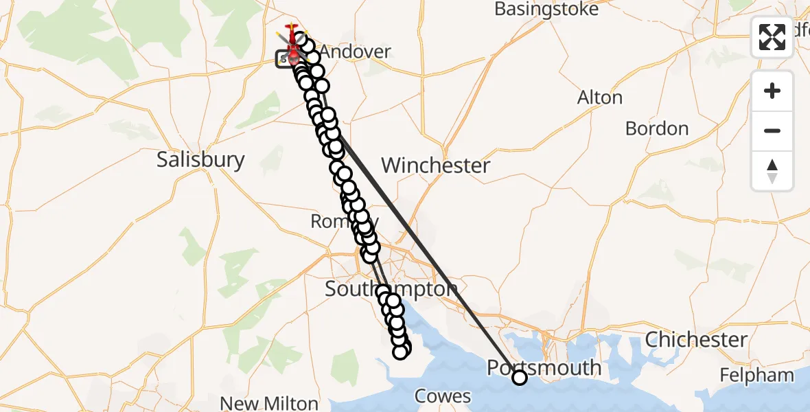 Flight route map: Air Ambulance Helicopter to Kimpton, Down Road