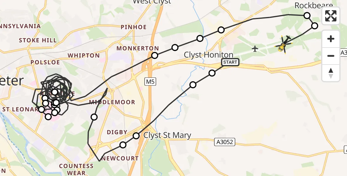 Flight route map: Police Helicopter to Exeter International Airport, Exeter International Airport