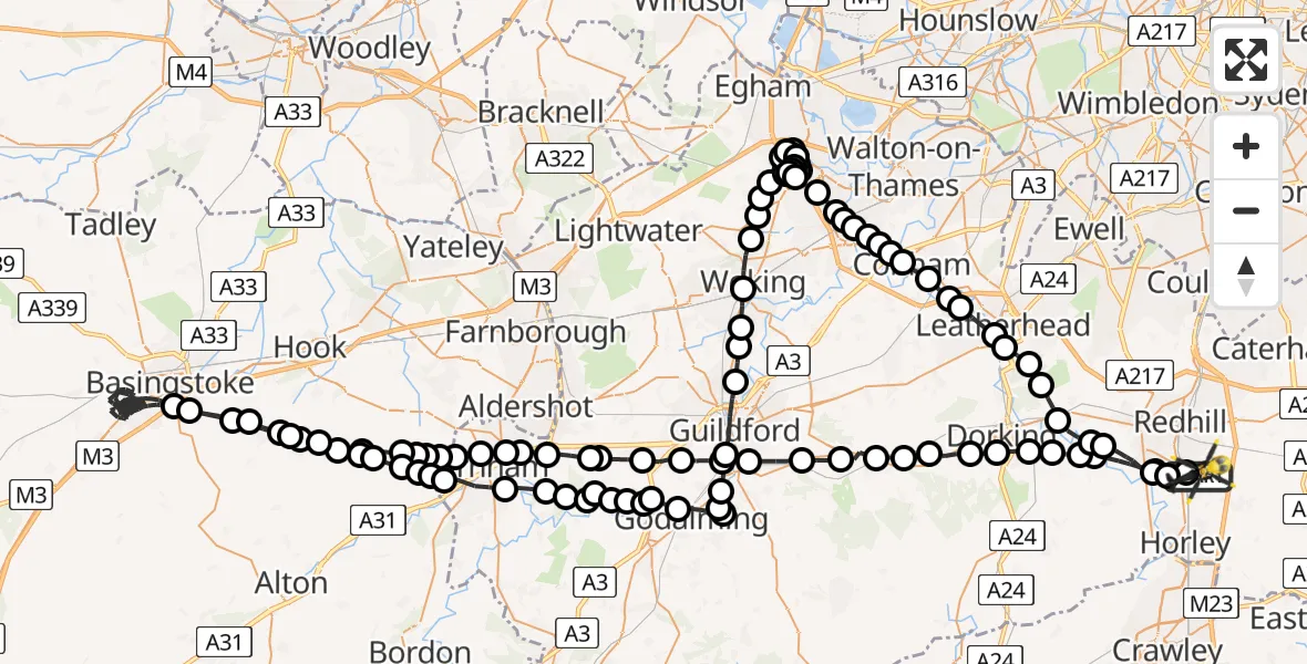 Flight route map: Police Helicopter to Salfords, Mason's Bridge Road