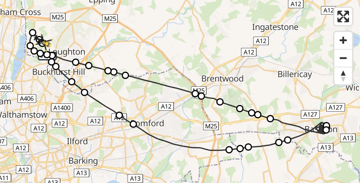 Flight route map: Police Helicopter to Sewardstonebury, Lippitts Hill