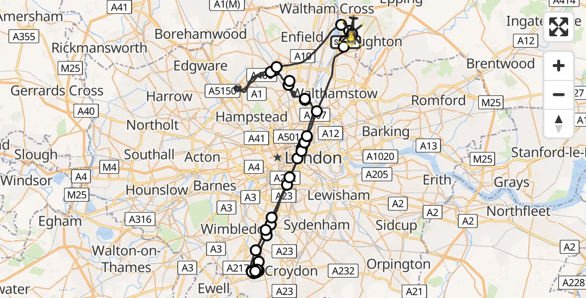 Flight route map: Police Helicopter to Sewardstonebury, Lippitts Hill