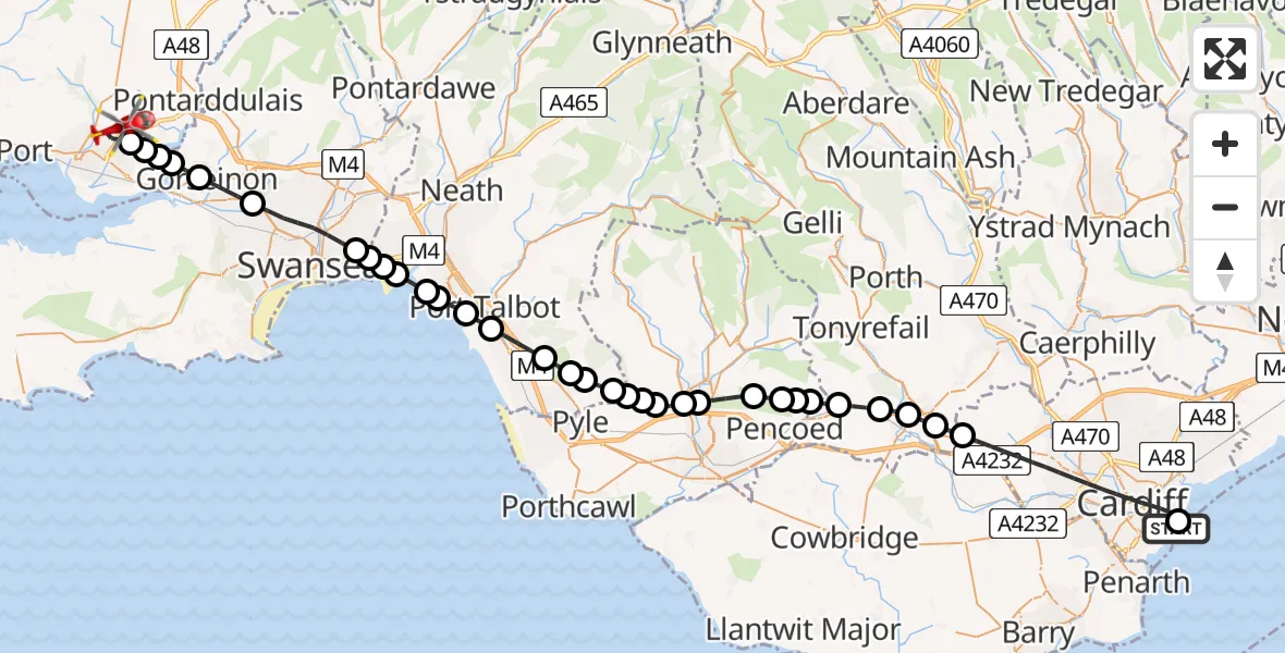 Flight route map: Air Ambulance Helicopter to Dafen, Heol Aur