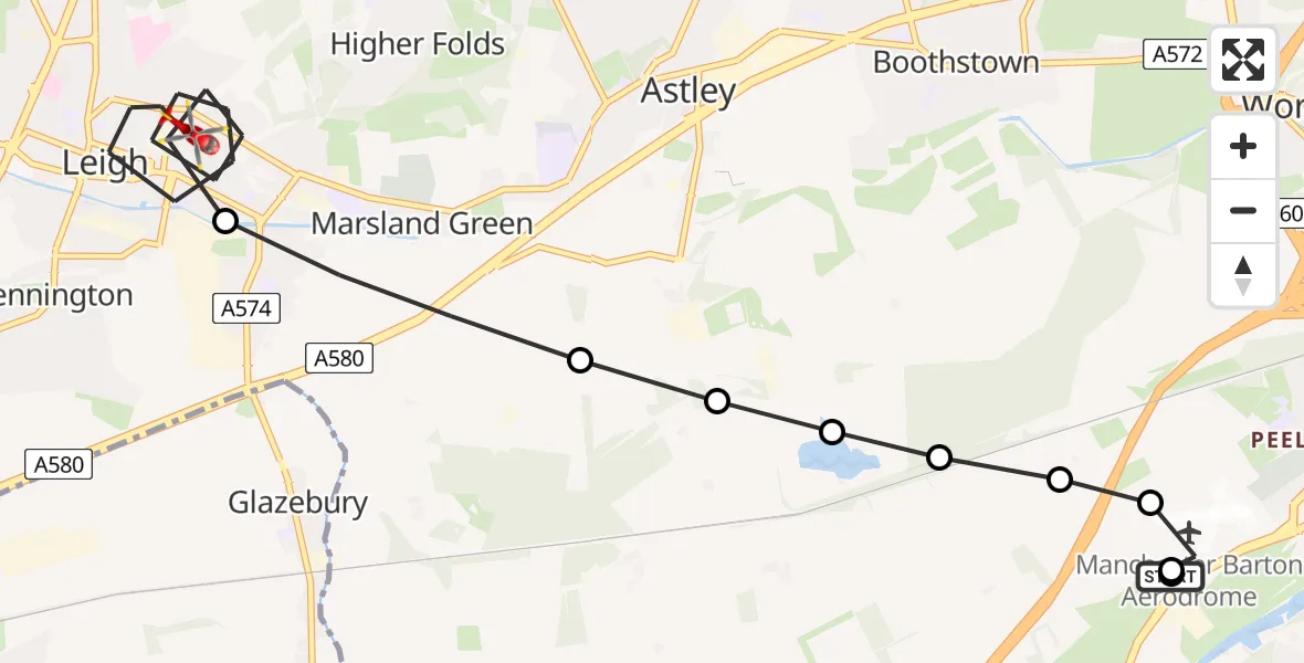 Flight route map: Air Ambulance Helicopter to Leigh, Walkers Drive