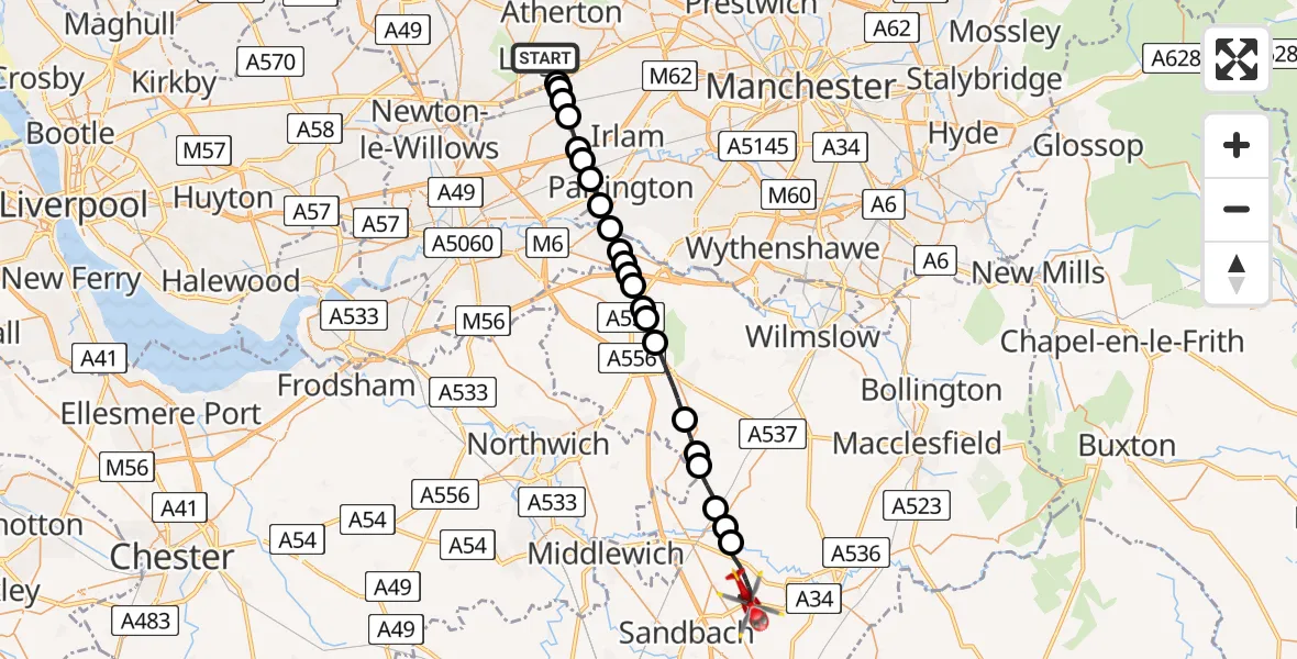 Flight route map: Air Ambulance Helicopter to Brereton, Moorhead Lane