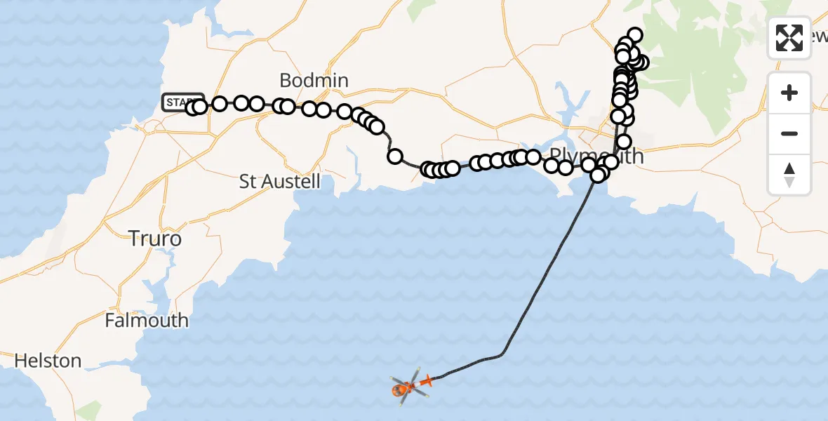 Flight route map: Coastguard Helicopter to English Channel, English Channel