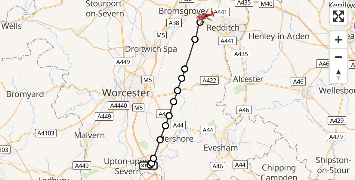 Flight route map: Air Ambulance Helicopter to Tardebigge, Brockhill Lane