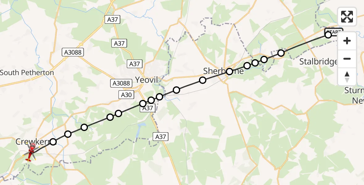 Flight route map: Air Ambulance Helicopter to Hewish, Clapton Road