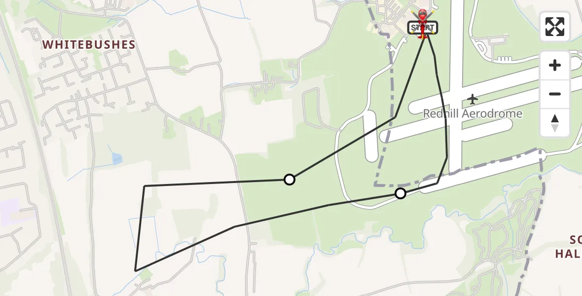 Flight path map showing Air Ambulance Helicopter route from Redhill Aerodrome to Redhill Aerodrome