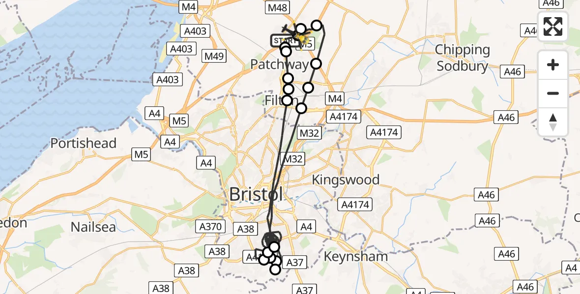 Flight route map: Police Helicopter to Almondsbury Helicopter Base, Almondsbury Helicopter Base