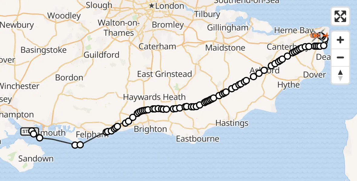 Flight route map: Coastguard Helicopter to Manston Airport, Manston Airport