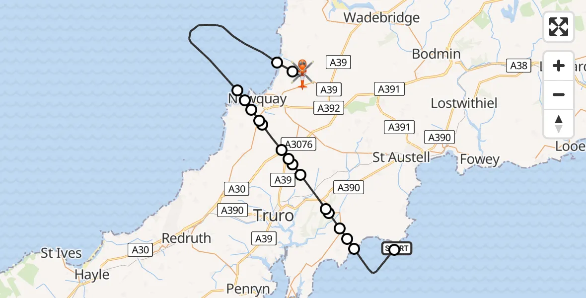 Flight route map: Coastguard Helicopter to Cornwall Airport Newquay, Cornwall Airport Newquay