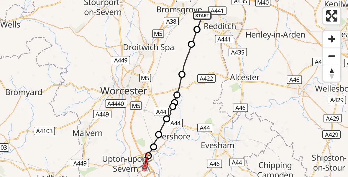 Routekaart van de vlucht: Air Ambulance Helicopter to Hill Croome, M5