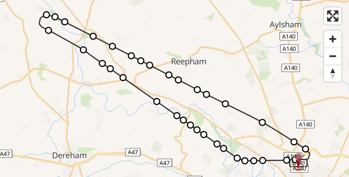 Flight path map showing Air Ambulance Helicopter route from Norwich Airport to Norwich Airport