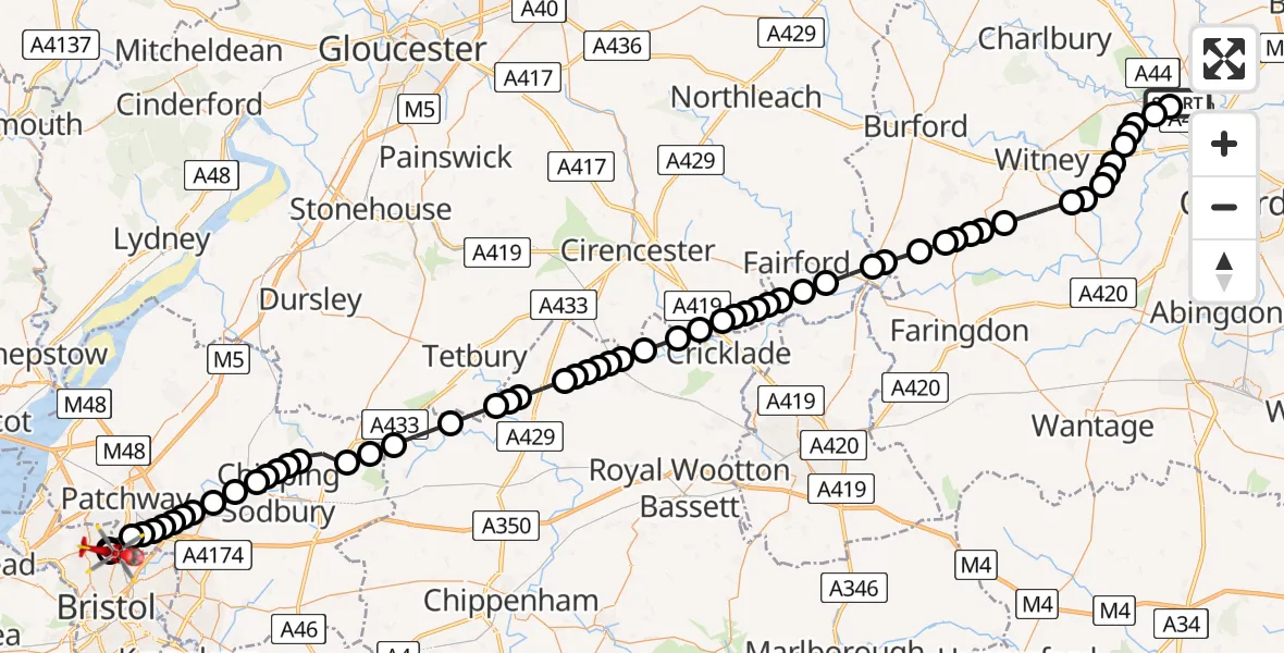 Routekaart van de vlucht: Air Ambulance Helicopter to Bristol, Bishop Manor Road