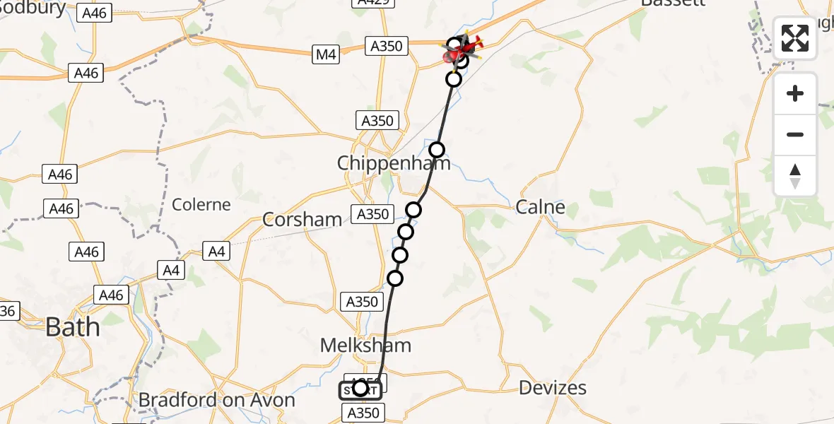 Flight route map: Air Ambulance Helicopter to Christian Malford, Avonweir Lane