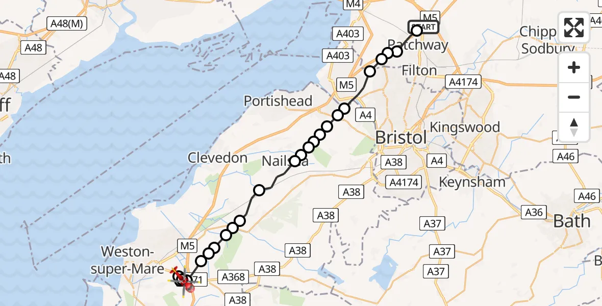 Flight route map: Air Ambulance Helicopter to Hutton, Banwell Road