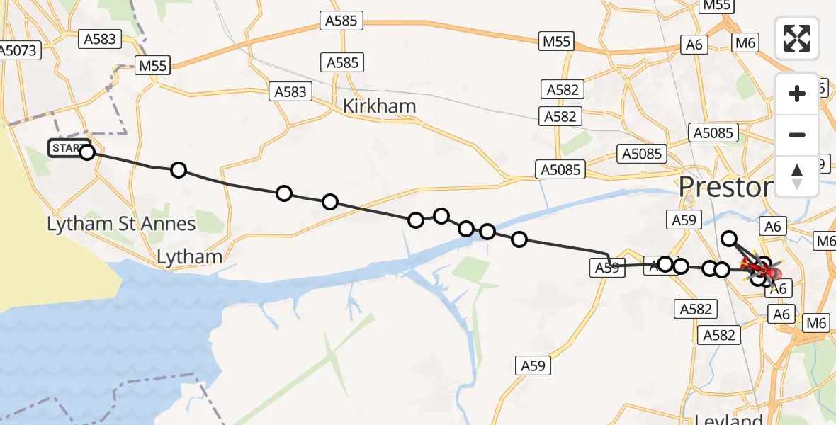 Routekaart van de vlucht: Air Ambulance Helicopter to Walton-le-Dale, High Meadow