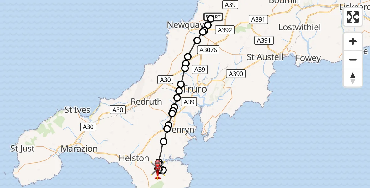 Flight route map: Air Ambulance Helicopter to Mawgan, Gear Hill
