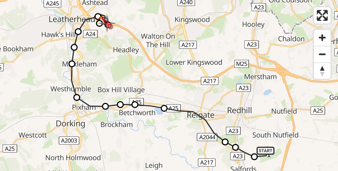 Flight route map: Air Ambulance Helicopter to Ashtead, M25