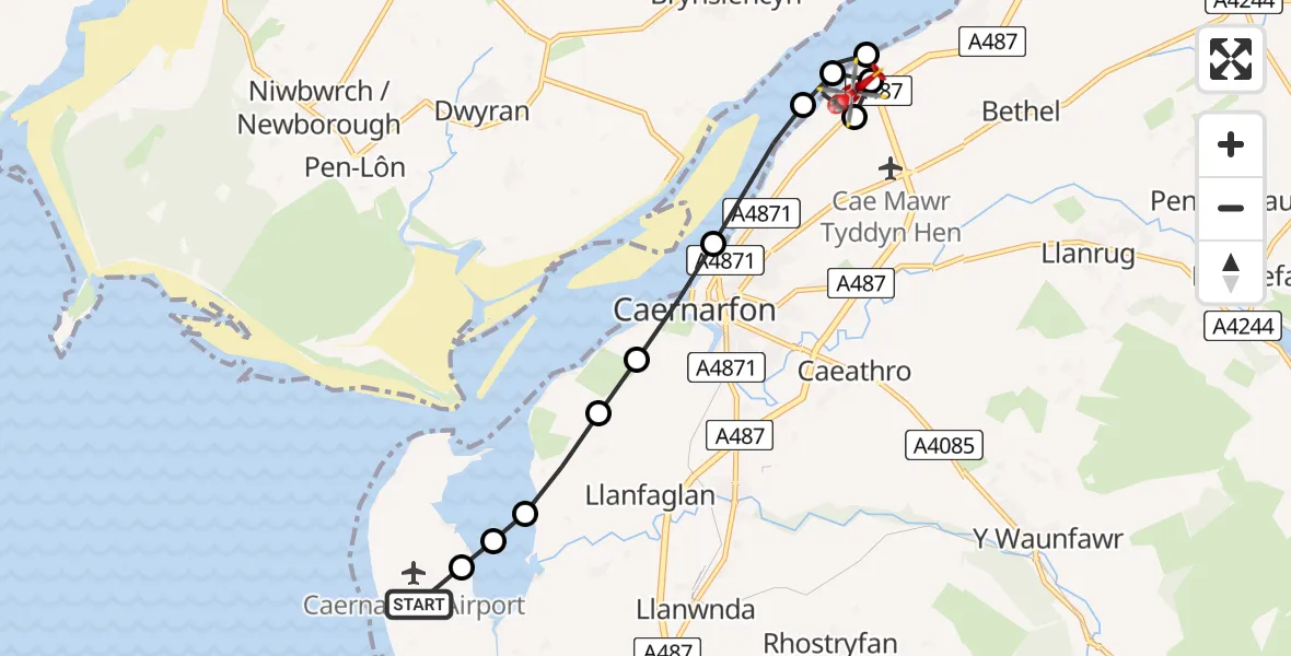 Flight route map: Air Ambulance Helicopter to Y Felinheli, Y Felinheli