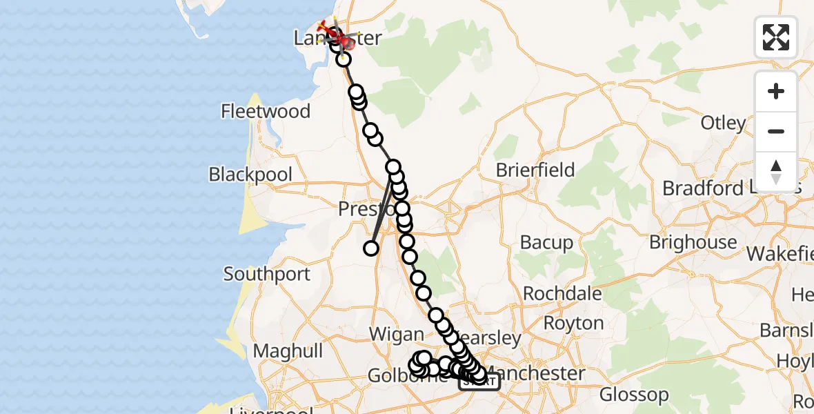 Flight route map: Air Ambulance Helicopter to Lancaster, Hillside