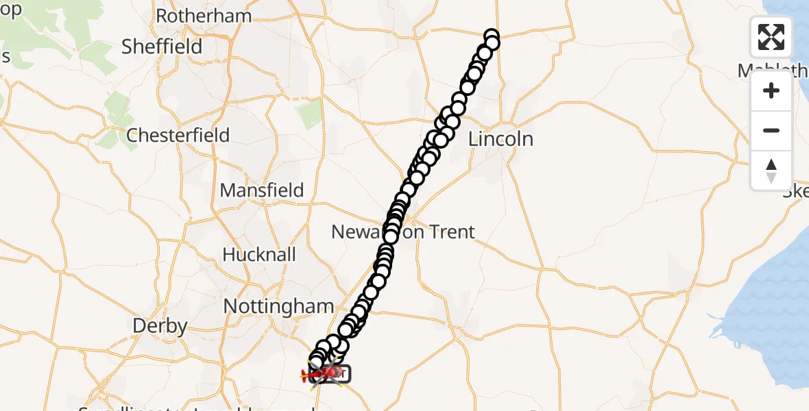 Flight route map: Air Ambulance Helicopter to Nottingham Heliport, Nottingham Heliport