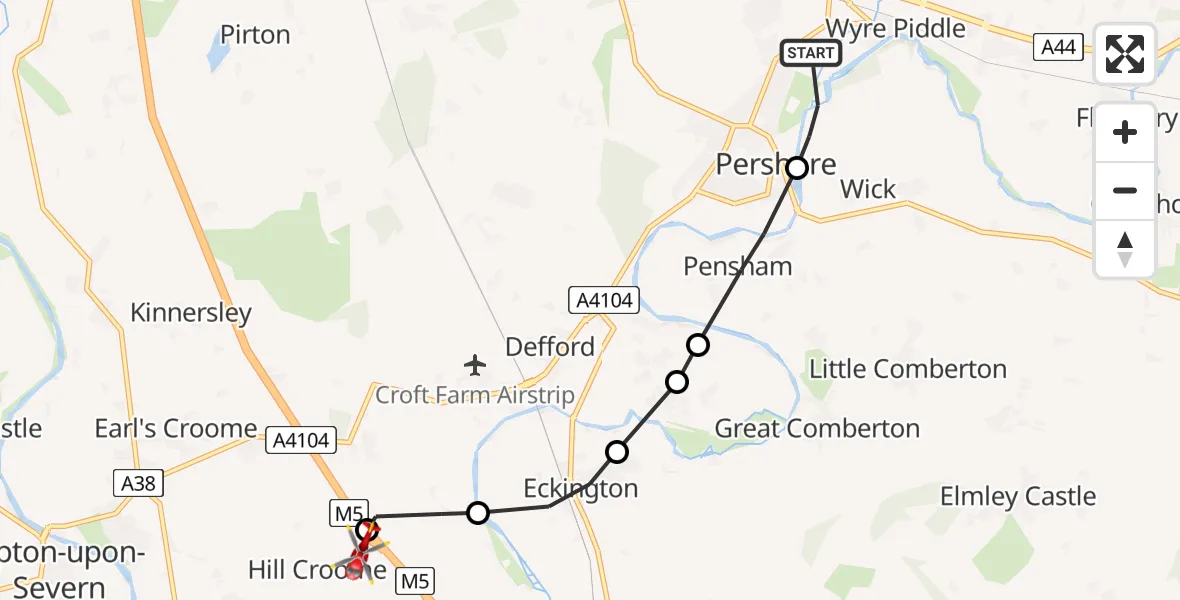Routekaart van de vlucht: Air Ambulance Helicopter to Hill Croome, Baughton Lane