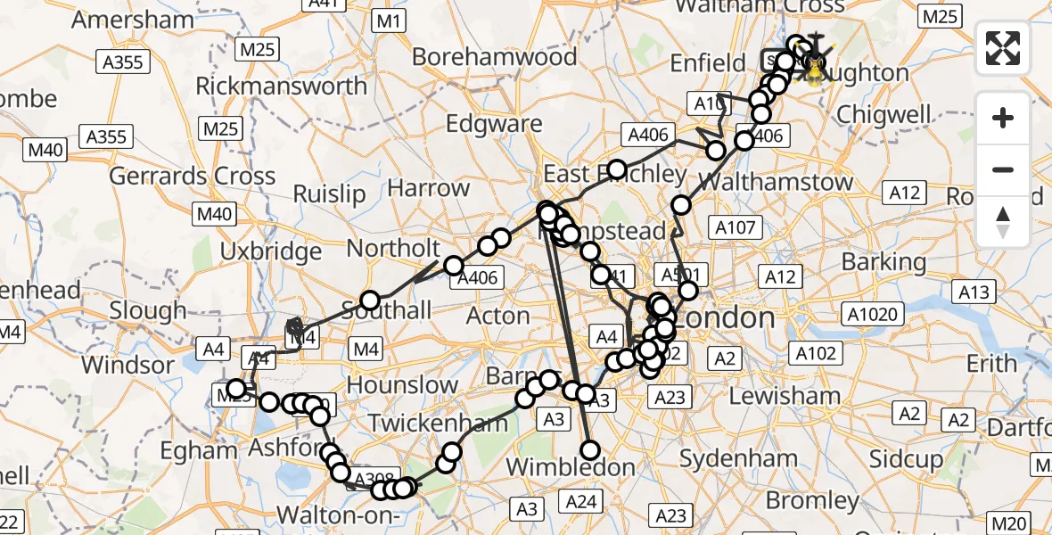 Flight route map: Police Helicopter to Metropolitan Police Air Support Unit Lippitts Hill, Metropolitan Police Air Support Unit Lippitts Hill
