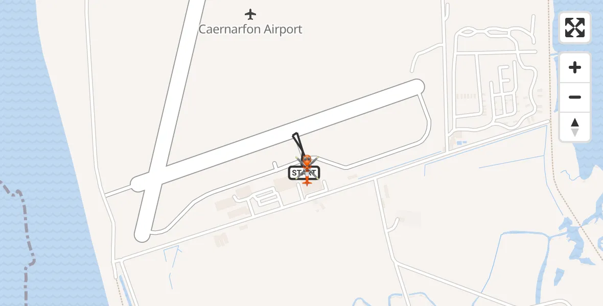 Flight path map showing Coastguard Helicopter route from Caernarfon Airport to Caernarfon Airport