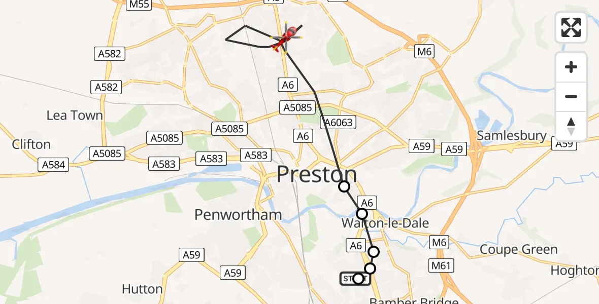 Routekaart van de vlucht: Air Ambulance Helicopter to Preston, Raleigh Road