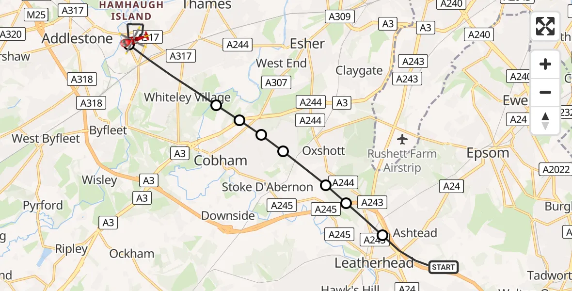 Routekaart van de vlucht: Air Ambulance Helicopter to Weybridge, Parkside Court