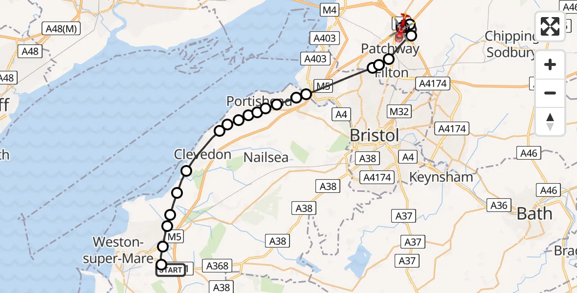 Routekaart van de vlucht: Air Ambulance Helicopter to Almondsbury Helicopter Base, Almondsbury Helicopter Base
